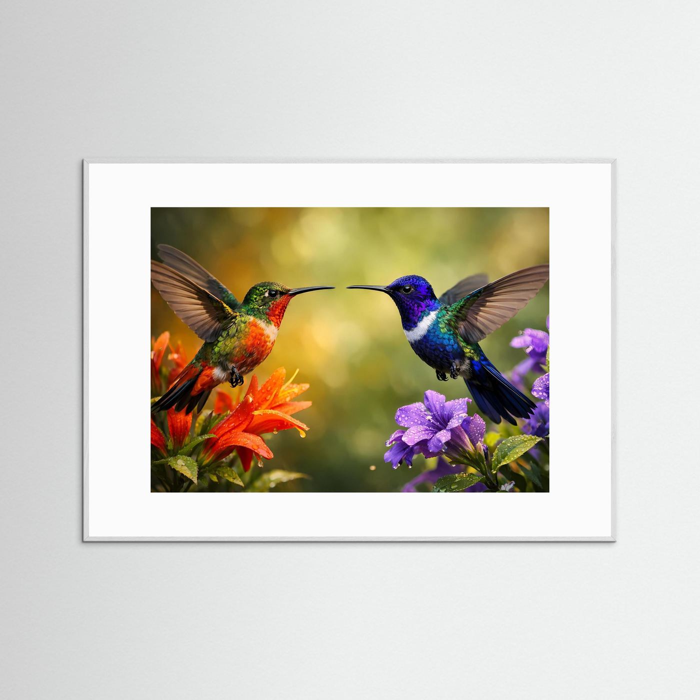 Naturposter mit zwei Kolibris vor Blüten, grauer Rahmen