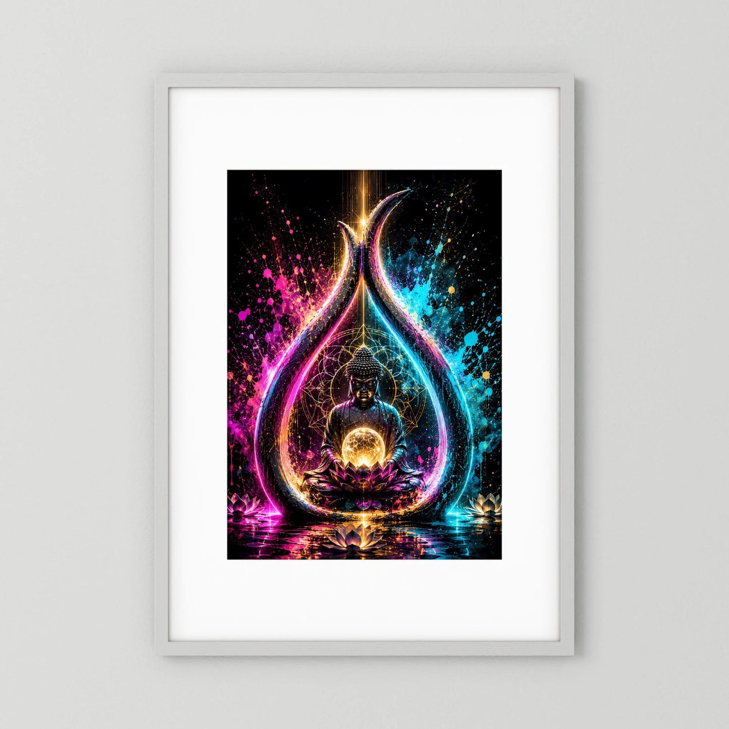 Meditierender Buddha auf Lotus, leuchtende Energiekugel, Neonlicht-Poster im weißen Rahmen.