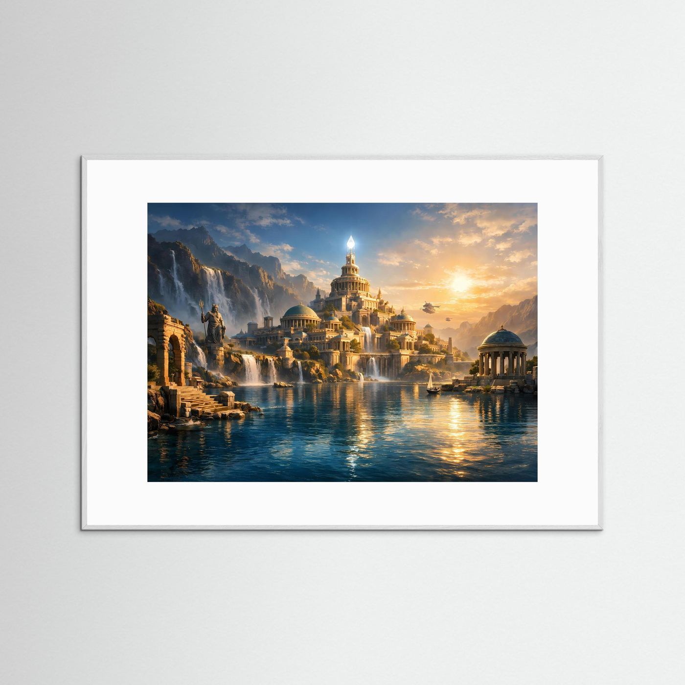 Fantasy-Poster Querformat: Atlantis über Wasser bei Sonnenaufgang, ohne Außenrahmen