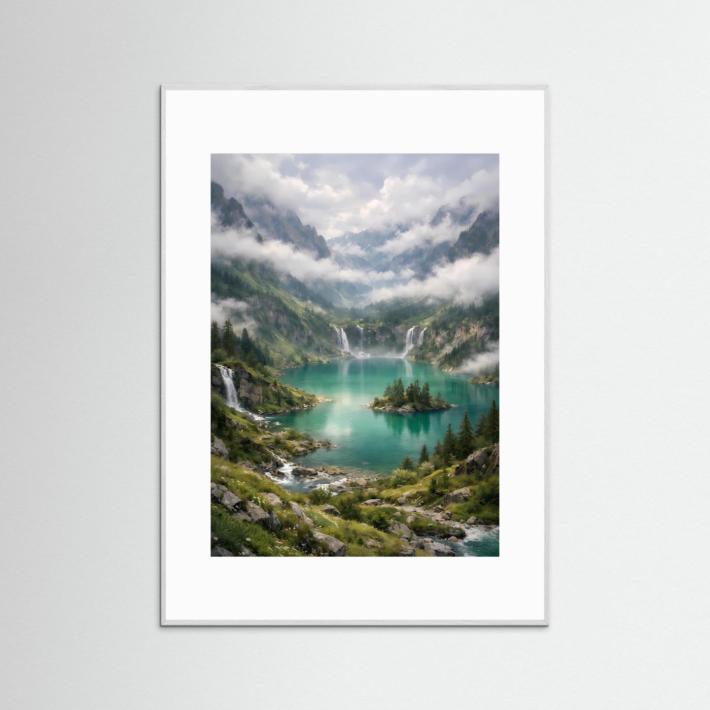 Hochformat-Poster mit Alpenlandschaft und türkisfarbenem Bergsee, silberner Rahmen