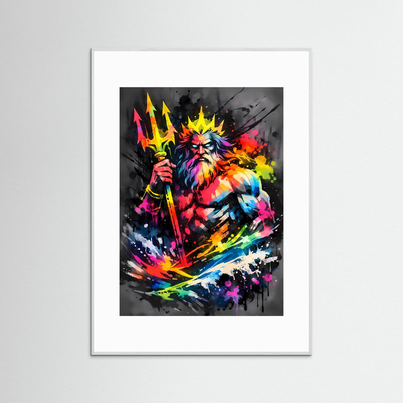 Herrscher der Meere | Abstraktes Poseidon & Neptun Mythologie Poster in Neonfarben | Modernes Gott Kunstposter Hochformat