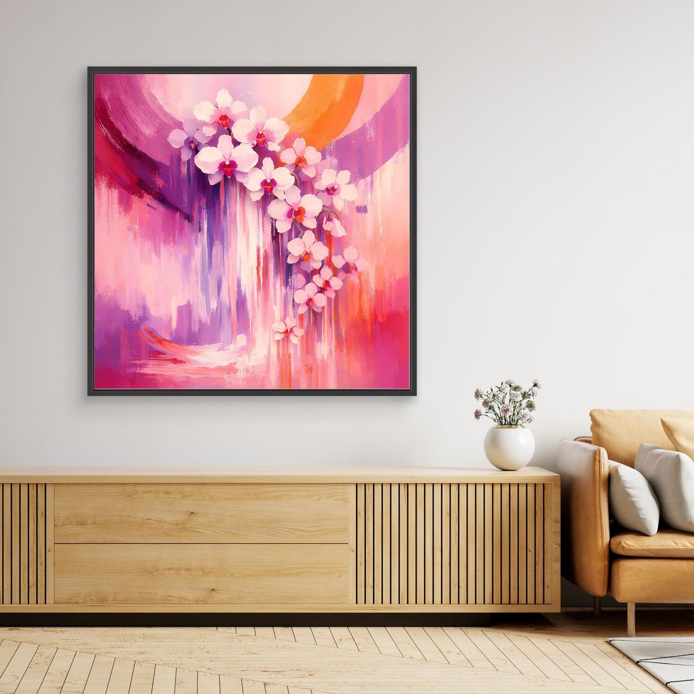 Abstraktes Orchideen-Leinwandbild, lila/pink mit schwarzem Rahmen