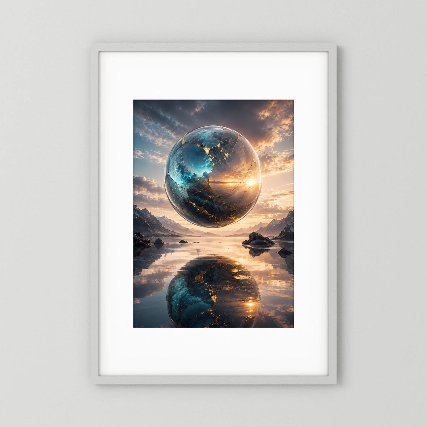 Hochformat-Poster mit Rahmen: schwebende Erdkugel in Blau und Gold mit Spiegelung