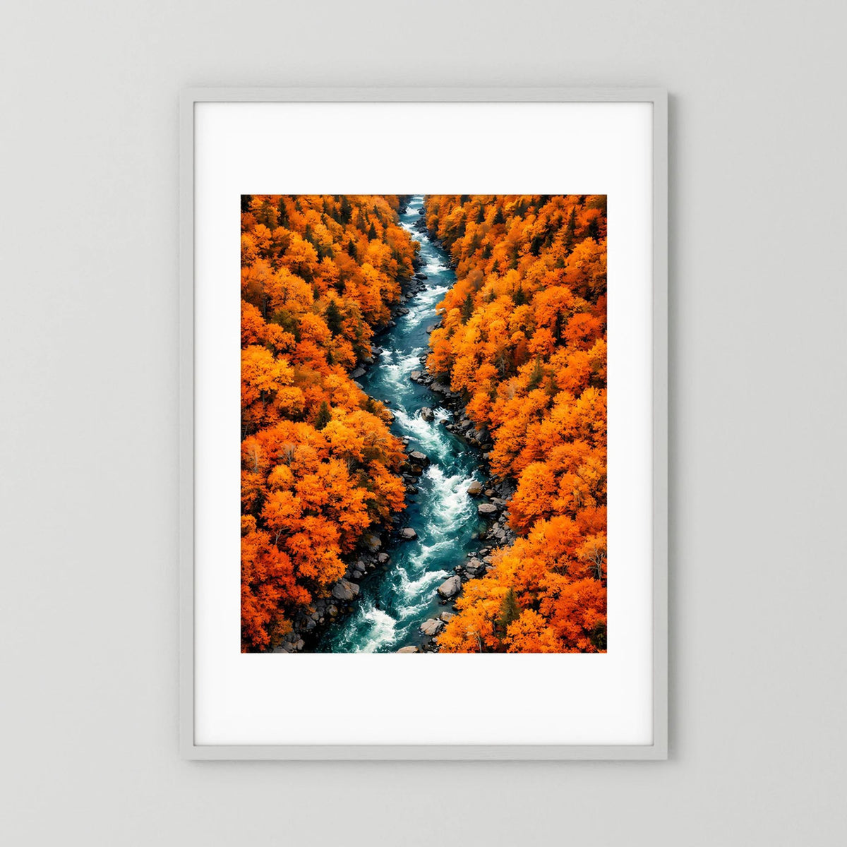Herbst-Wandbild mit Fluss durch orangefarbene Bäume im weißen Rahmen