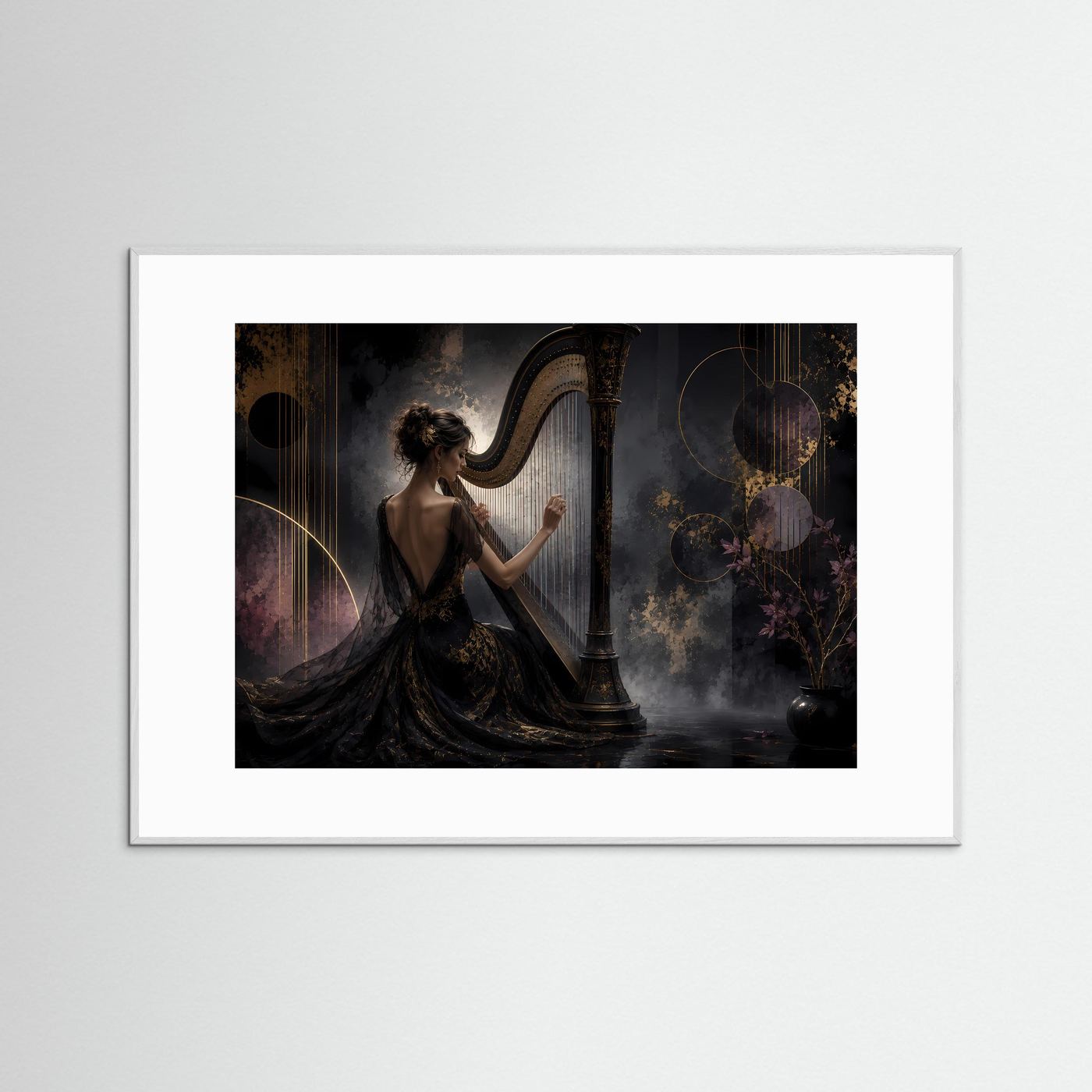 Elegante Harfenklänge in Schwarz & Gold | Klassische Musik & Luxus Poster Querformat
