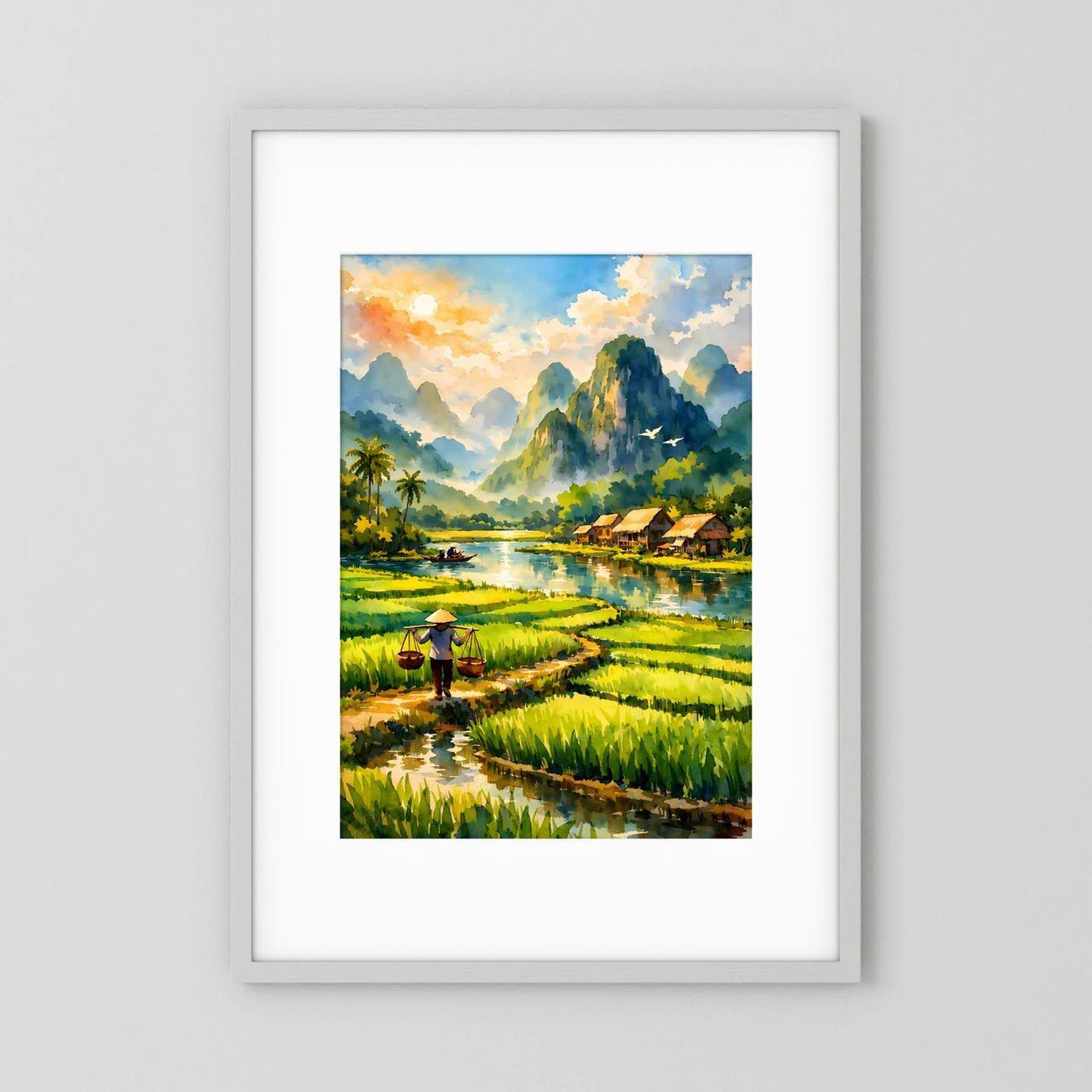 Hochformatiges Poster mit tropischer Berglandschaft, Reisfeldern, Fluss und Dorfhütten