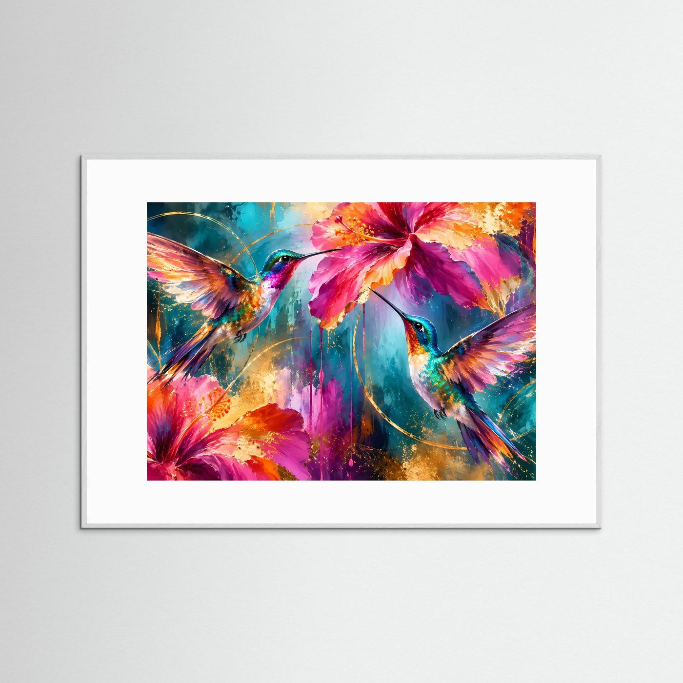 Kolibris & Hibiskusblüten in Pink & Türkis | Modernes Blumen-Poster mit Goldakzenten