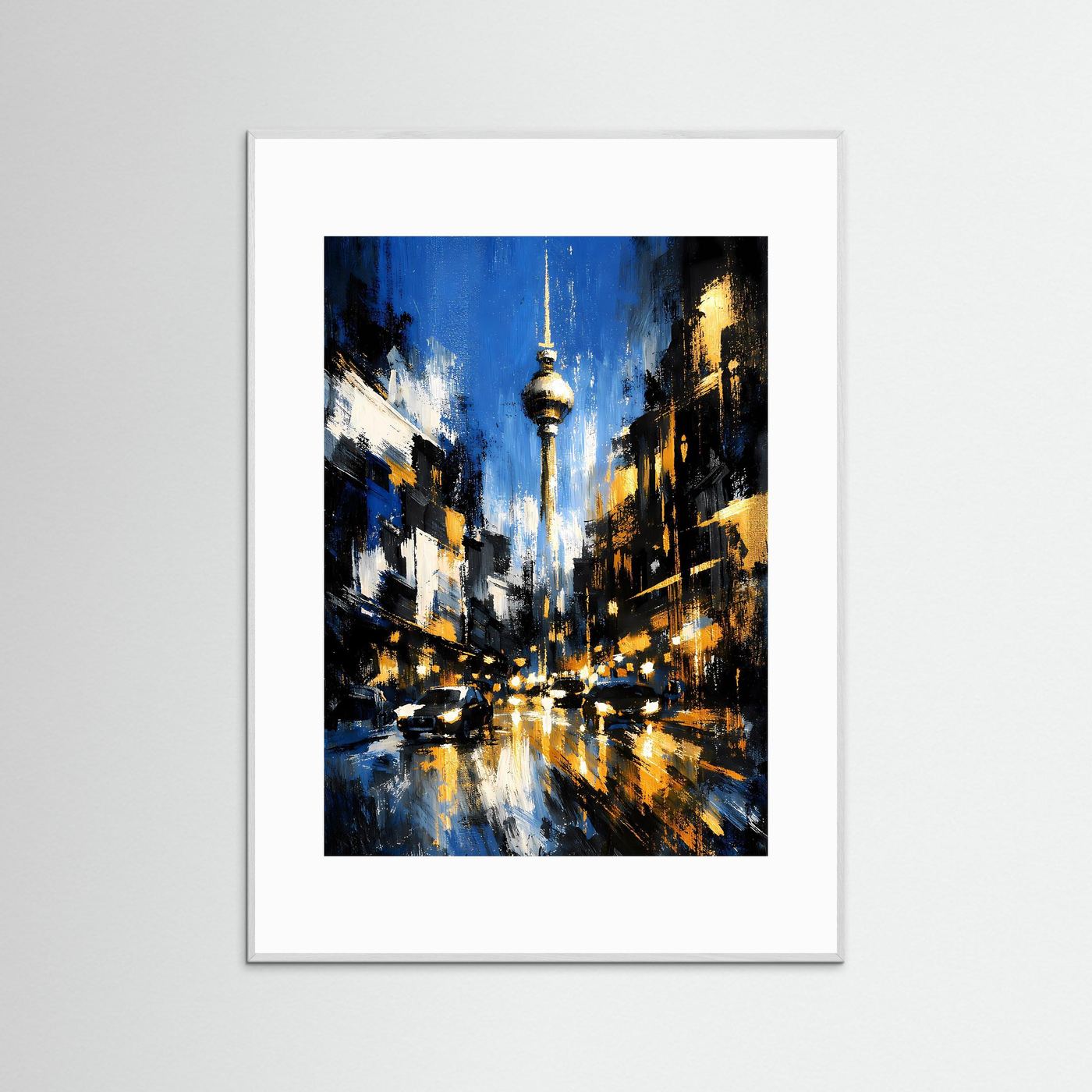 Hochformatiges Poster mit abstrakter Stadtansicht und Fernsehturm, weißer Rahmen
