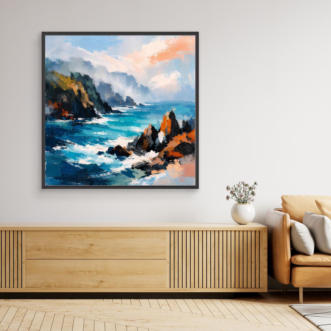 Leinwand-Wandbild mit abstrakter Steilküste am Meer, im schwarzen Rahmen