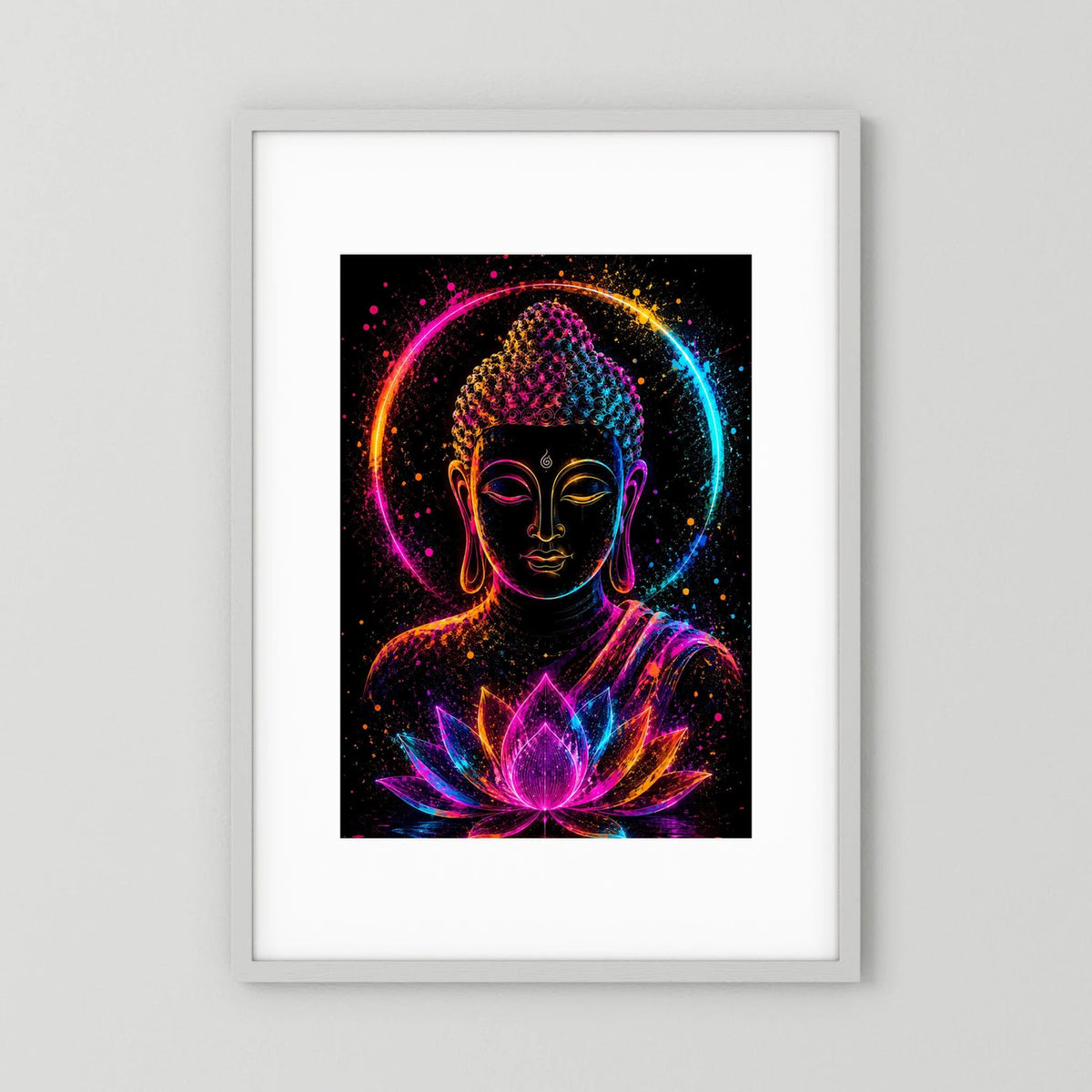 Neon-Buddha-Poster mit Lotusblüte, leuchtender Buddhafigur und Farbkreis