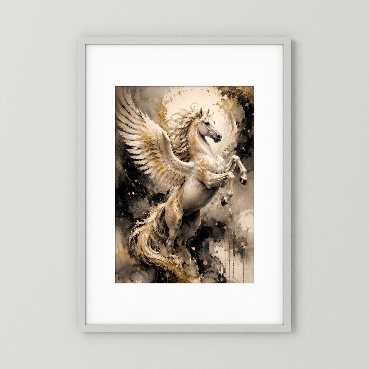 Hochformat-Poster mit weißem geflügeltem Pferd und goldenen Spritzern, im weißen Rahmen