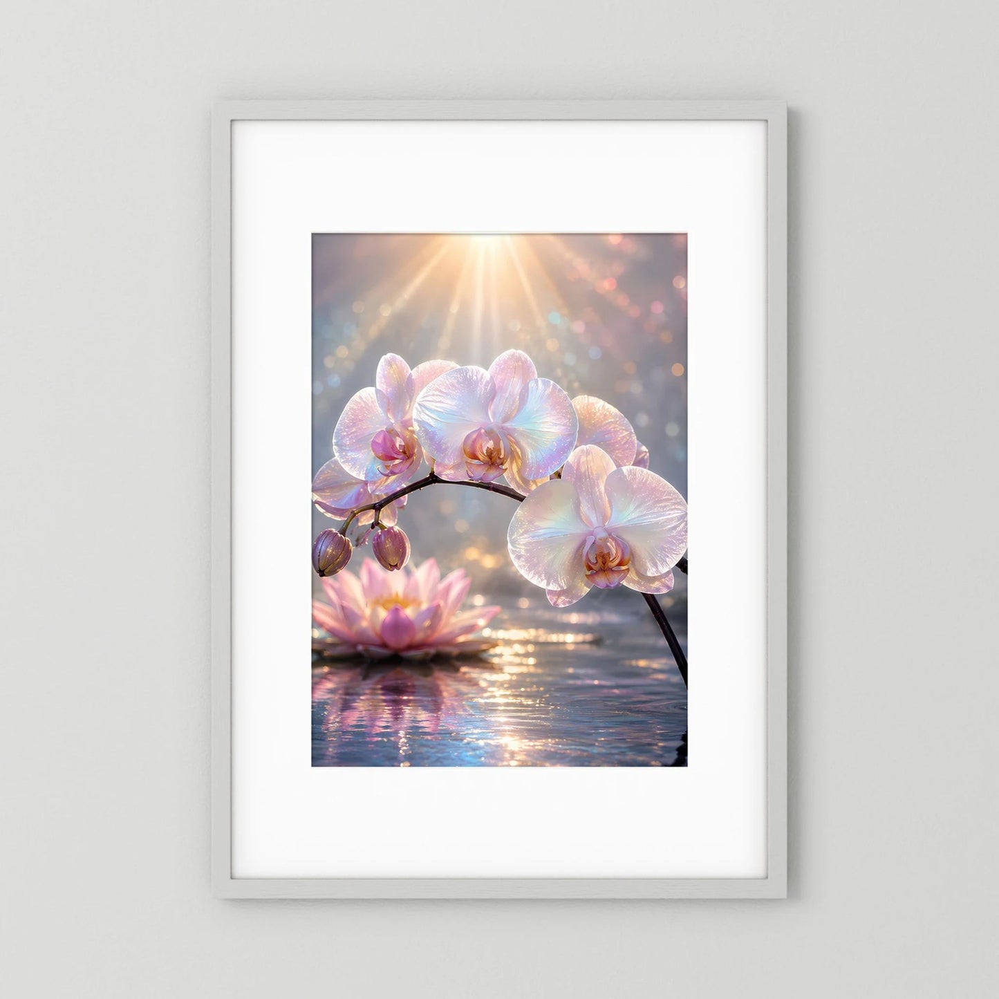 Hochformatiges Poster mit Perlmutt-Orchideen und Lotusblüte, pastellfarbene Blüten