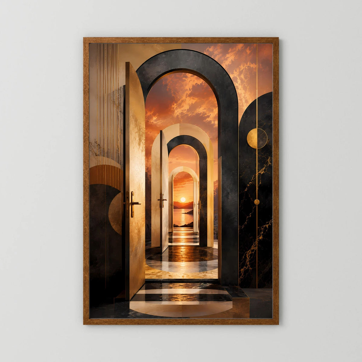Poster im Hochformat mit dunkelbraunem Holzrahmen, surrealer Gang mit geschwungenen Bögen