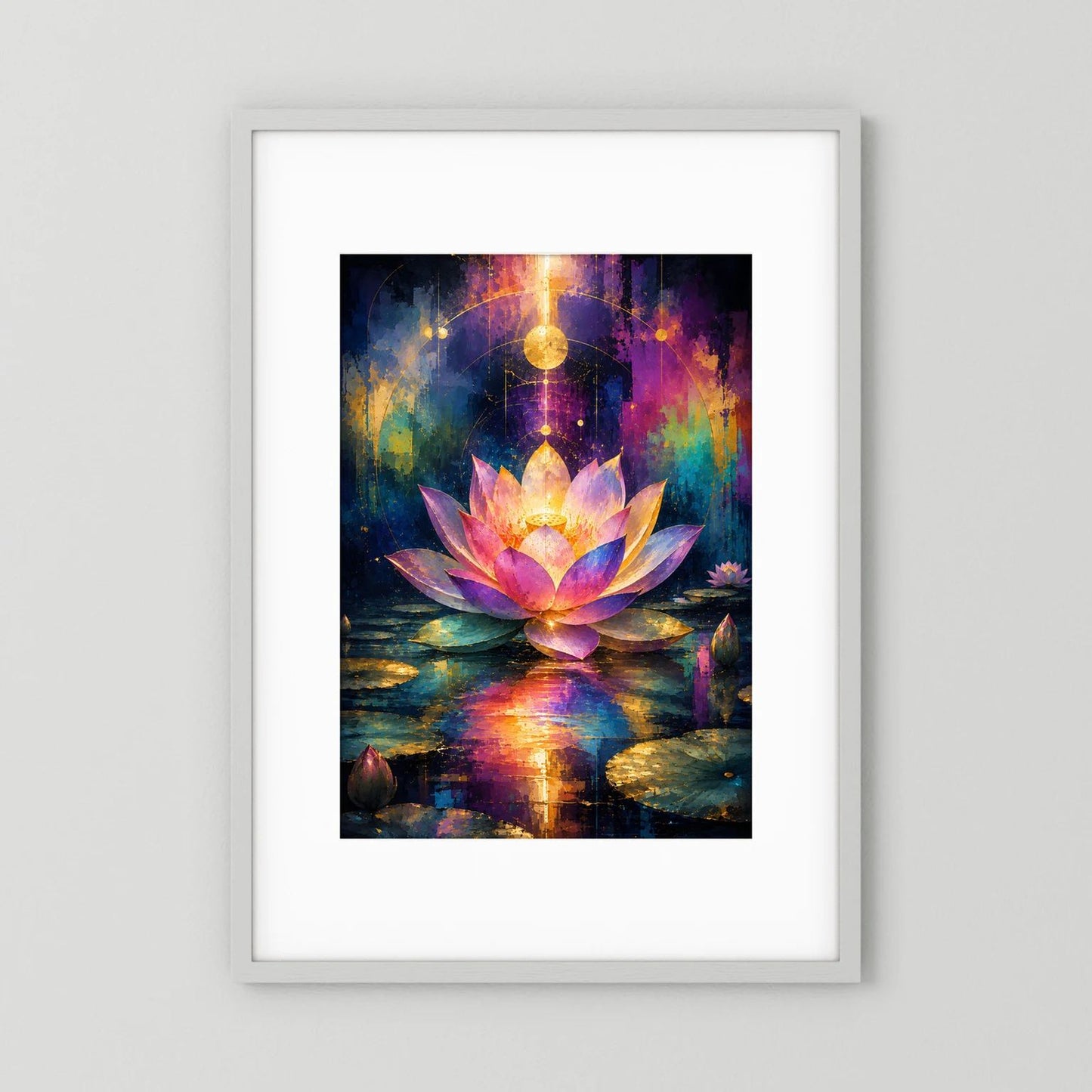 Wandposter mit leuchtender Lotusblume in Pink und Gold, im weißen Rahmen