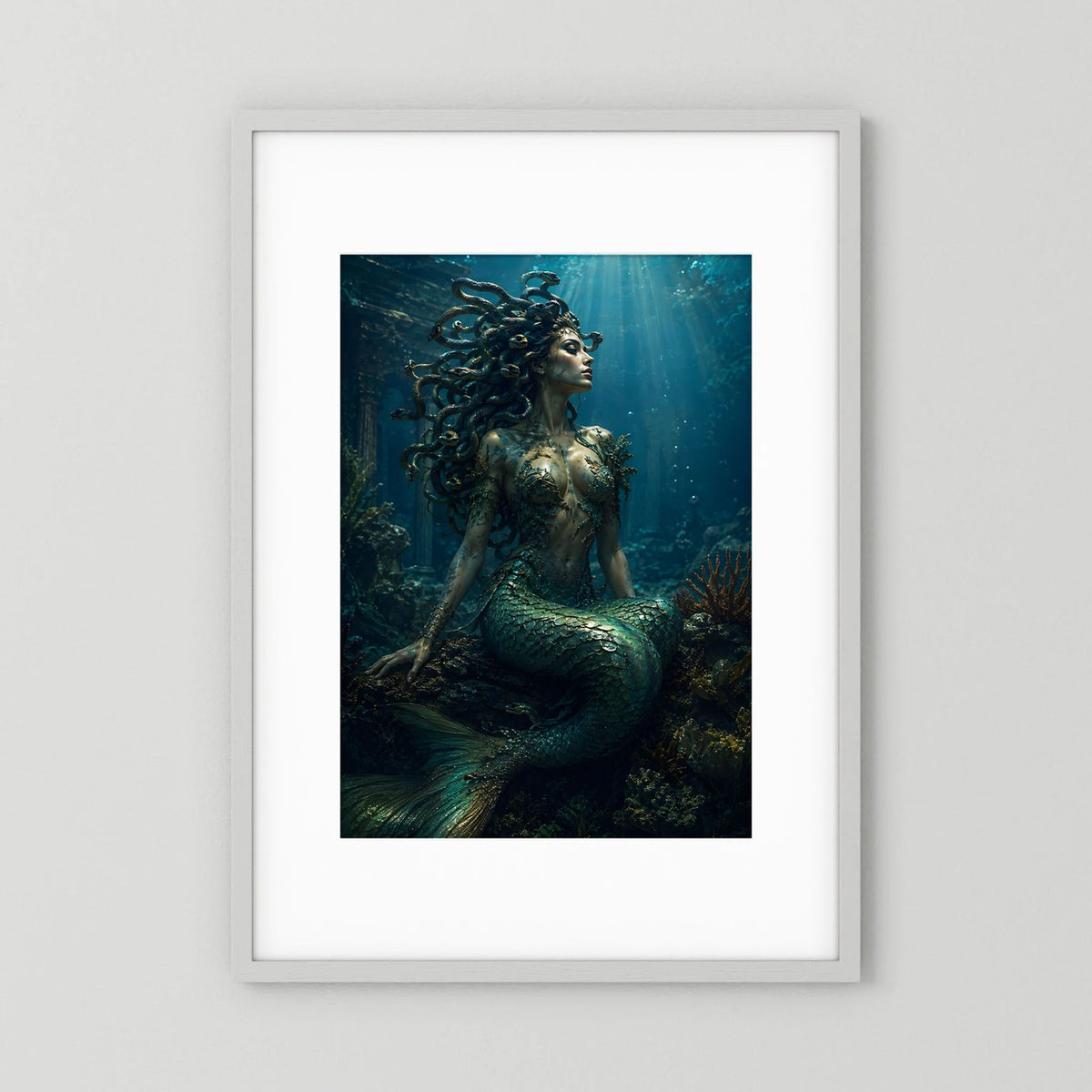 Fantasy-Poster mit Meerjungfrau Medusa, Schlangenhaar, smaragdgrünem Unterwasserlook, Hochformat