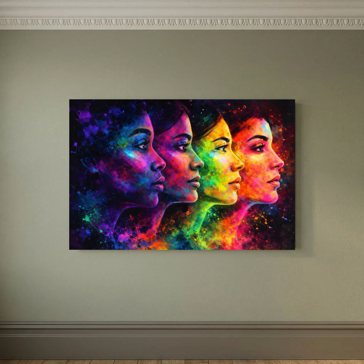 Wandbild in Querformat mit vier farbigen Gesichtern als Silhouetten