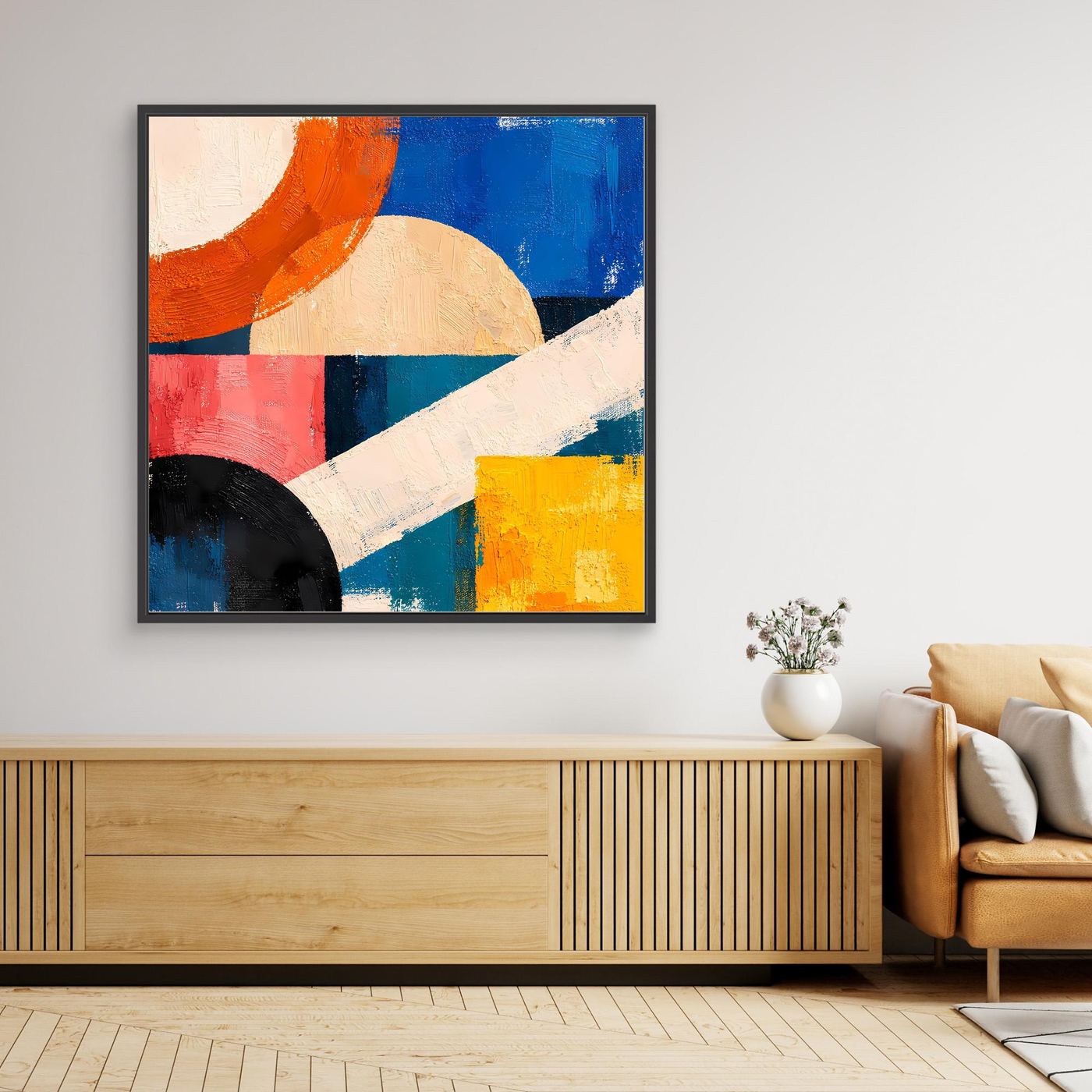 Framed abstract geometric canvas wall art with multicolor blocks and bold diagonals