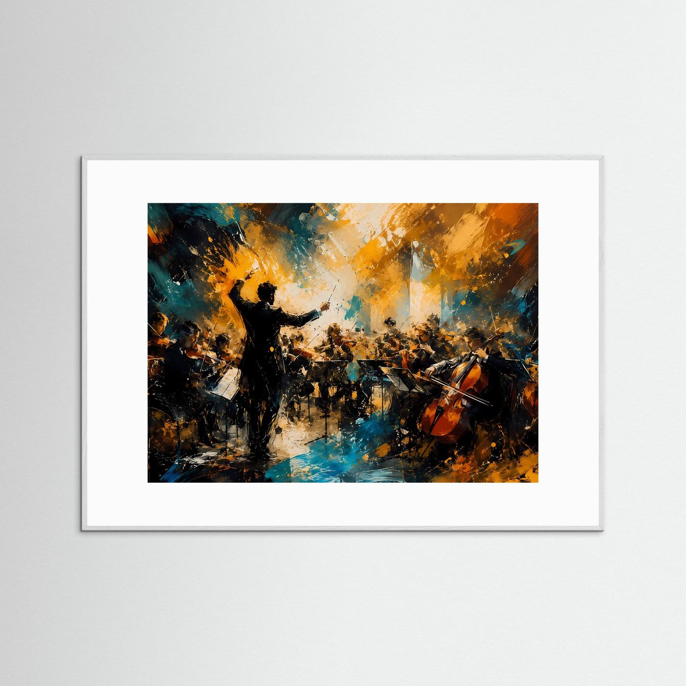 Musik-Kunstposter Querformat mit Orchester-Silhouetten, golden-blauem Licht, weißem Rahmen