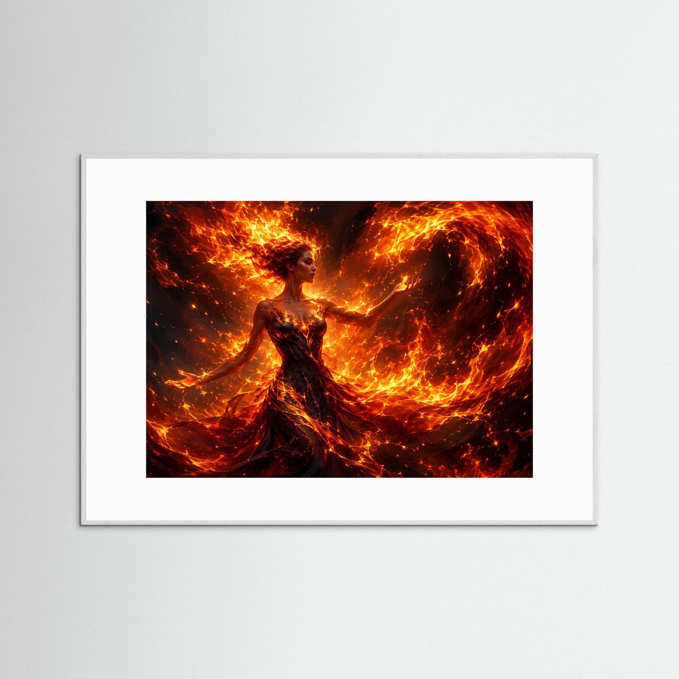 Feuerfrau Poster | Magische Flammenfrau | Element Feuer | Fantasy Wandbild | Moderne Leinwand | Kraftvolle Wall Art