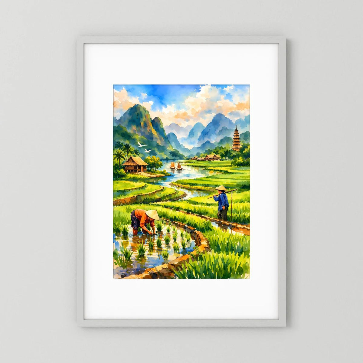 Wandposter mit asiatischen Reisfeldern, Fluss, Bergen und Pagode im Hochformat