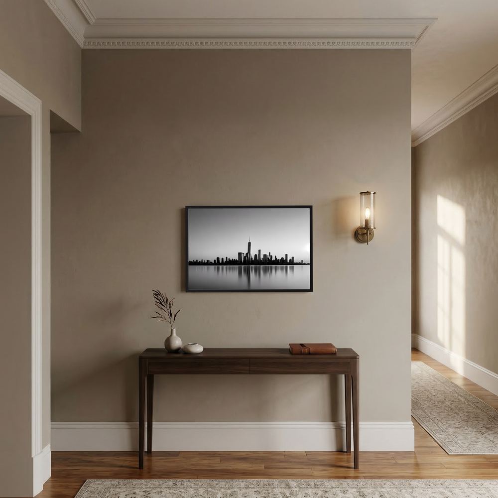 Poster im Querformat mit schwarzweißem New-York-Skyline-Motiv und Spiegelung