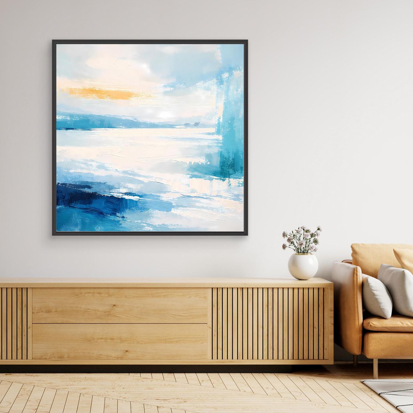 Wandbild mit maritimer Abstraktion in Blau und Weiß, schwarzer Rahmen