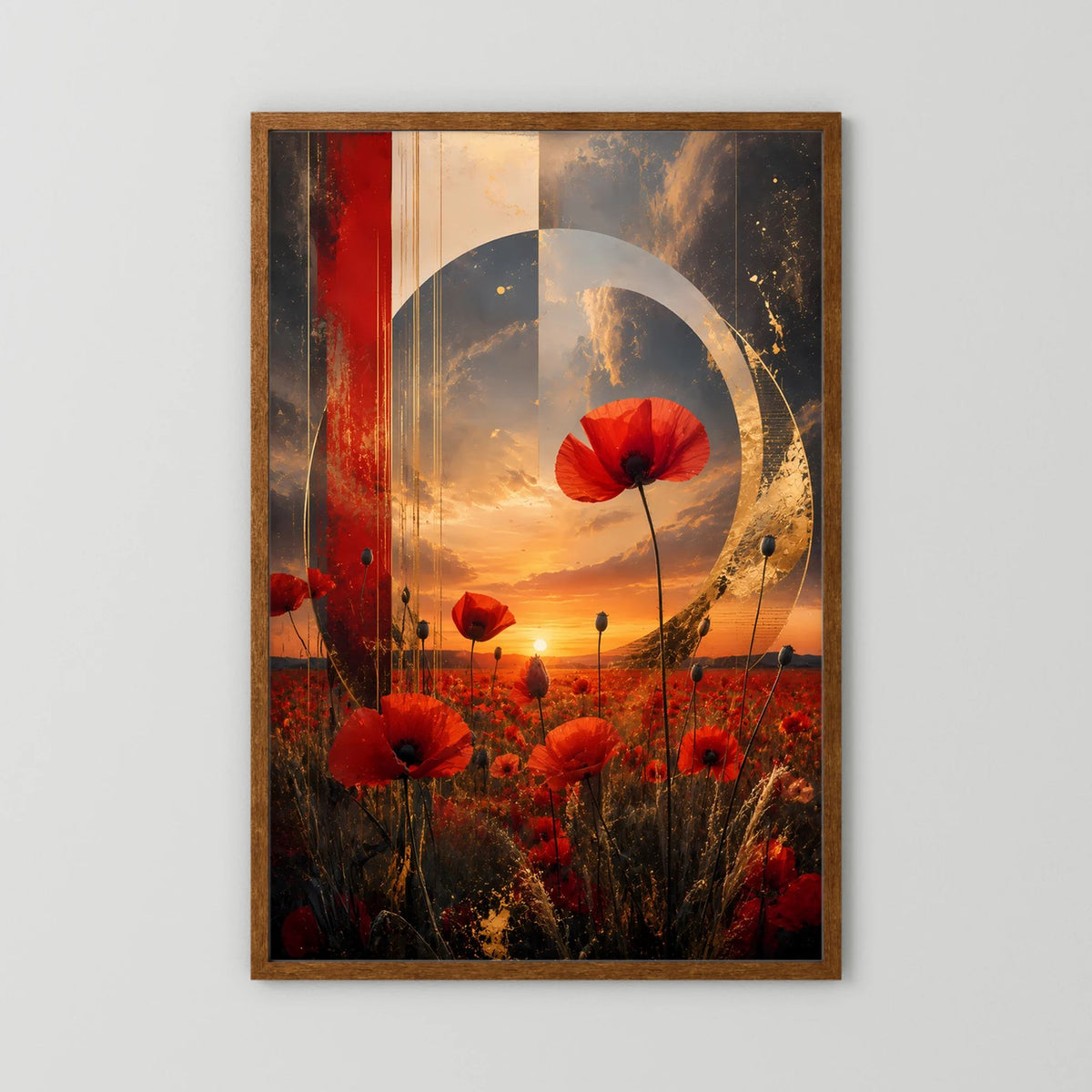 Gerahmtes Kunstposter mit roten Mohnblumen und goldener Kreisfläche, warmes Landschaftsmotiv, Hochformat.
