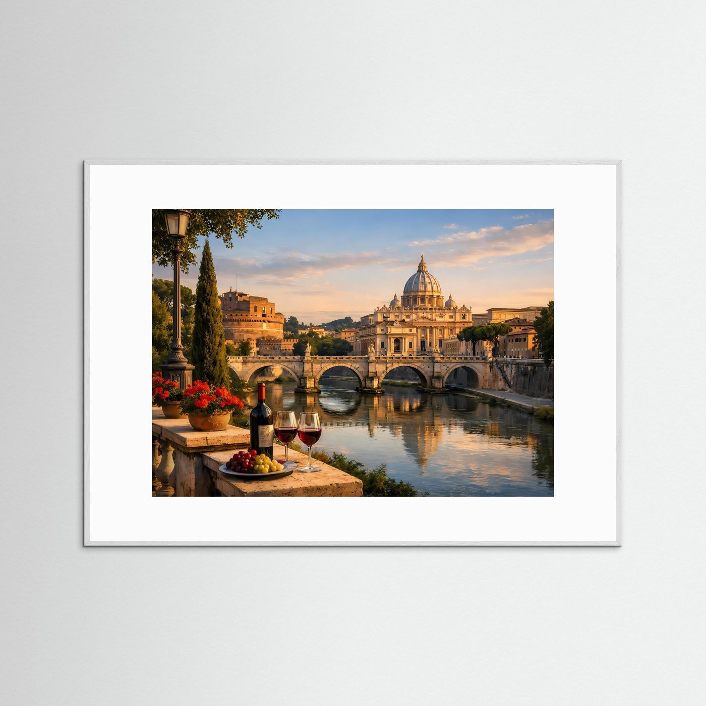 Poster im Querformat mit grauem Rahmen: Petersdom am Tiber und Brücke