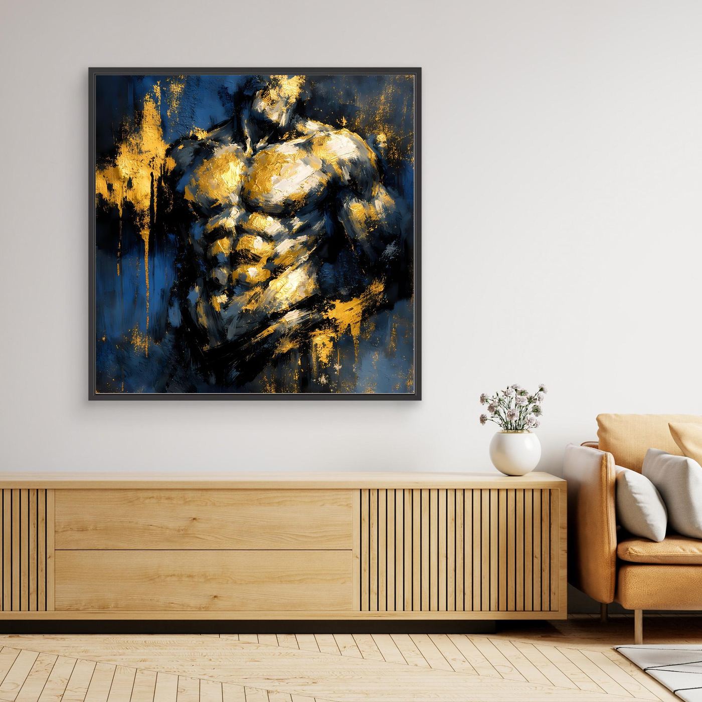 Leinwand Kraftvoller Männlicher Torso in Gold und Blau | Abstraktes Bodybuilding Wandbild