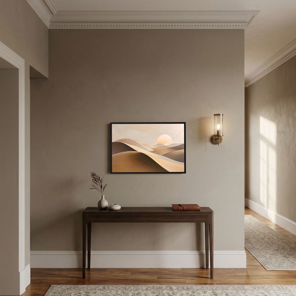 Querformat-Poster mit gerahmten Sanddünen in Beige und Braun, minimalistisches Wüstenmotiv