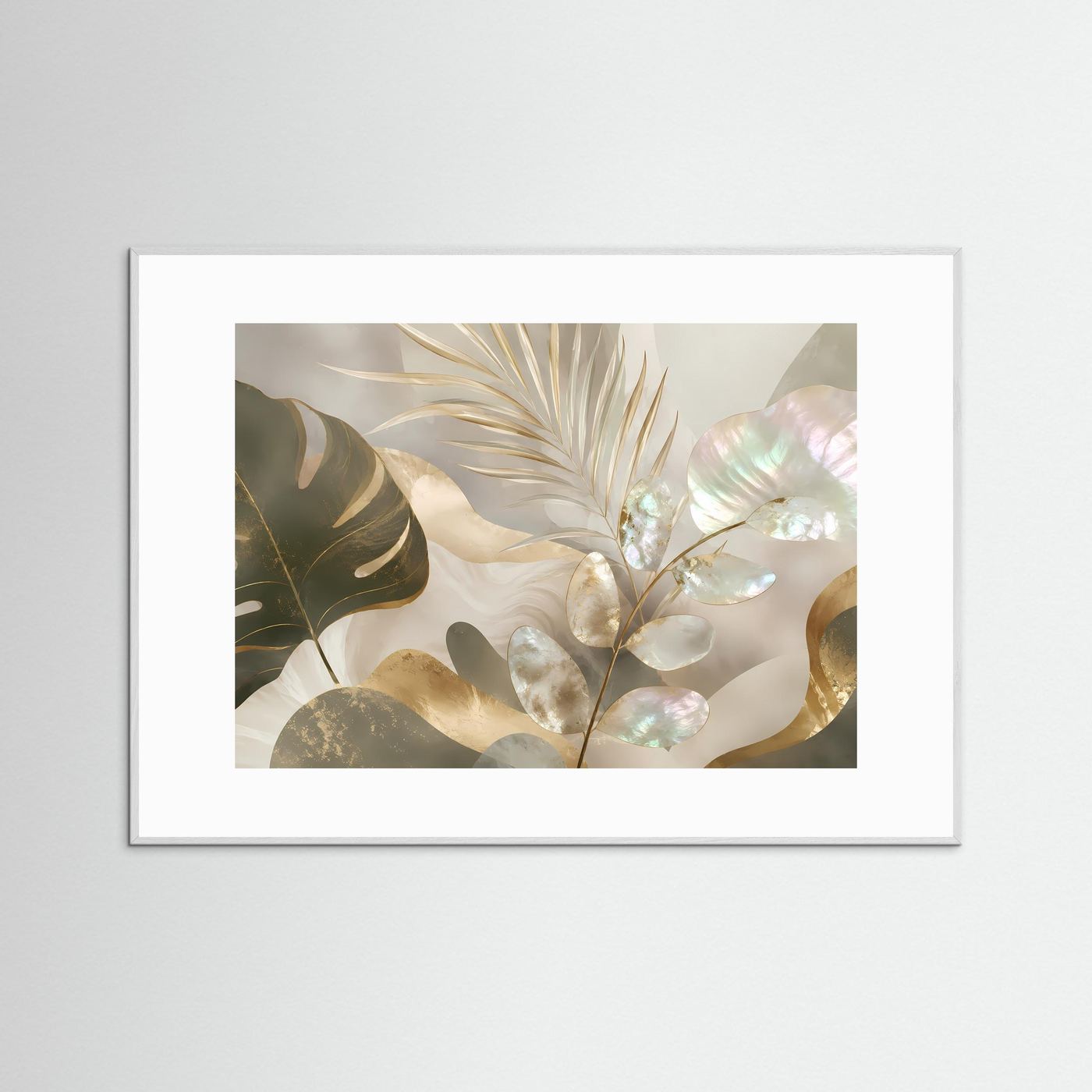 Querformat-Poster mit abstrakten botanischen Blättern in Perlmutt- und Goldtönen, weißer Rahmen