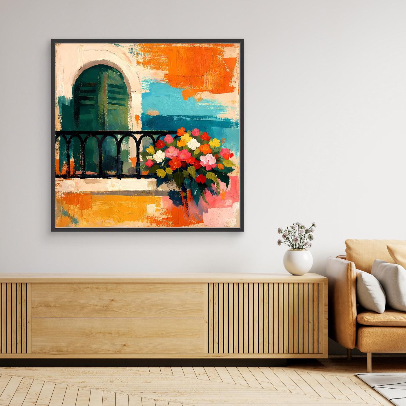 Framed abstract canvas wall art with arch and bouquet; orange and teal tones, black frame