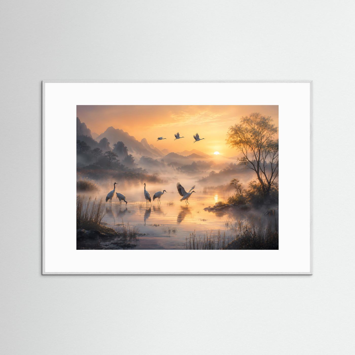 Kraniche im Morgennebel | Harmonisches Landschafts-Wandbild mit Sonnenaufgang