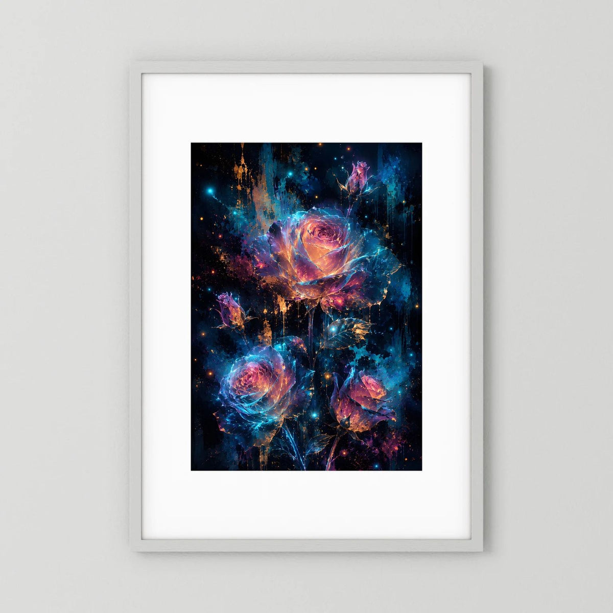 Wandbild mit leuchtendem Rosenmotiv in Blau, Pink und Gold, im weißen Rahmen