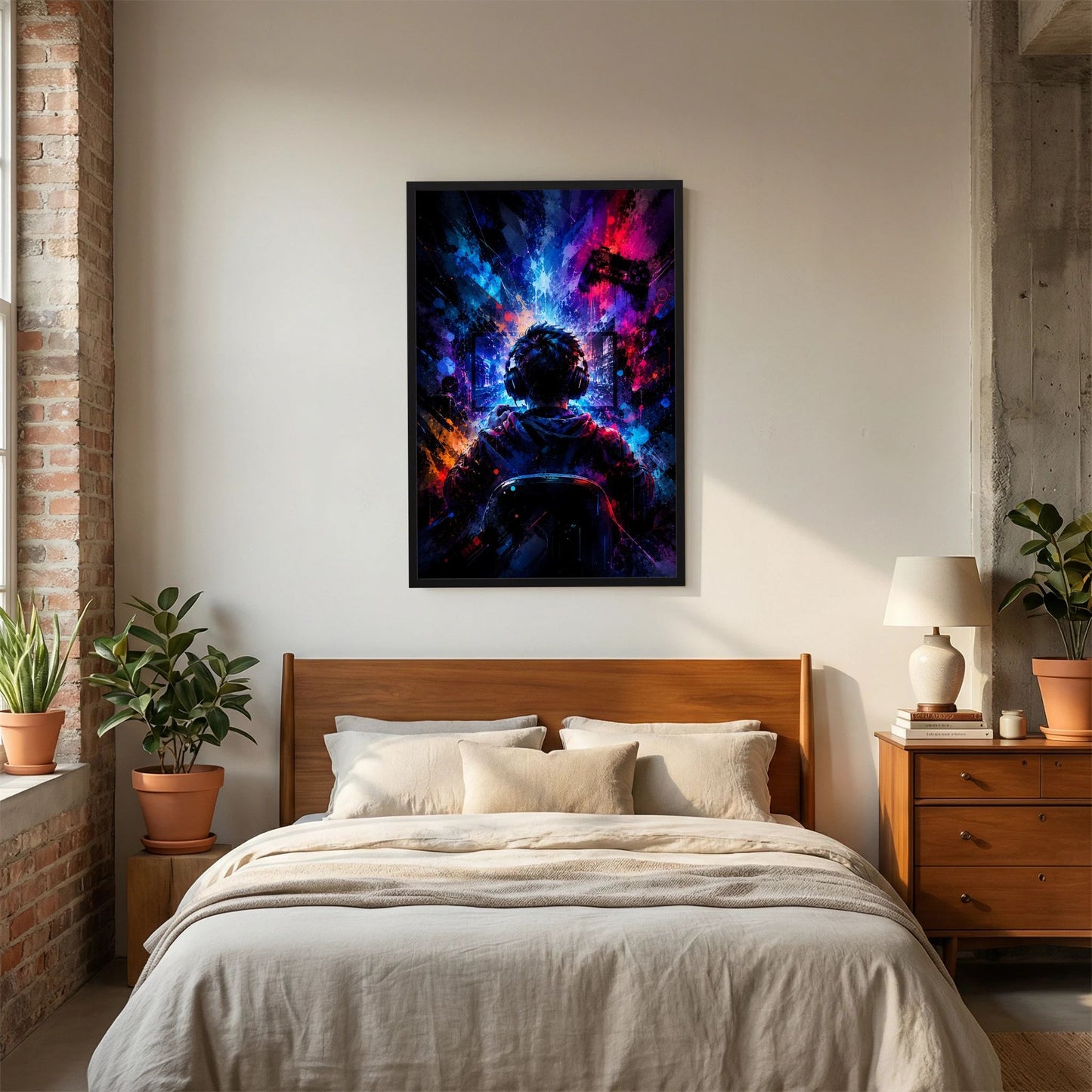 Hochformatiges Poster mit Gamer mit Headset und Controller, Neonmotiv, schwarzer Rahmen