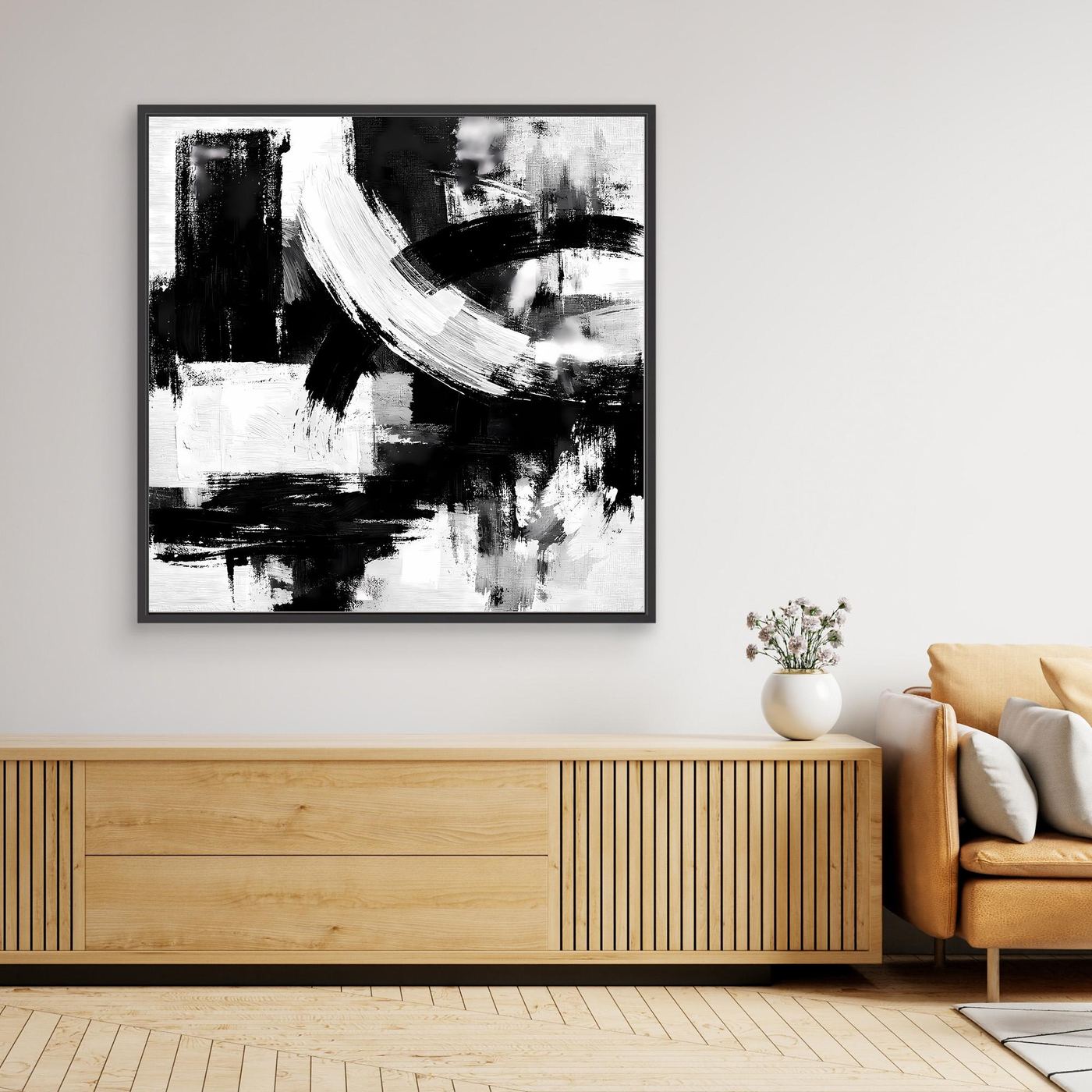 Dark-framed abstract canvas wall art with black-and-white brush strokes