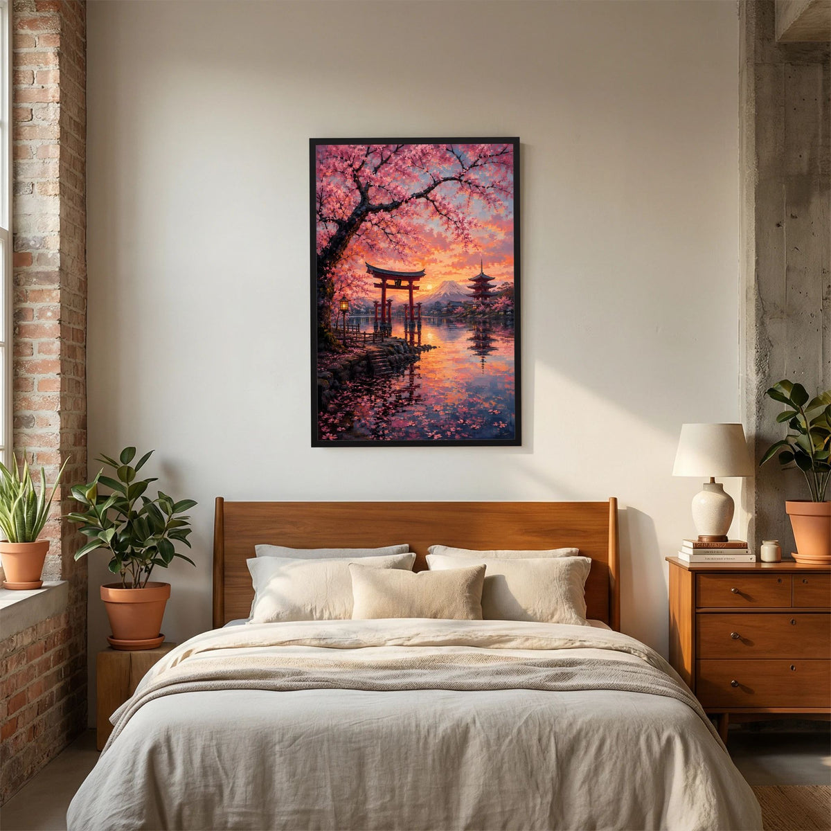 Hochformatiges Poster mit schwarzem Rahmen: Torii, Kirschblüten und Bergsilhouette im Abendlicht.