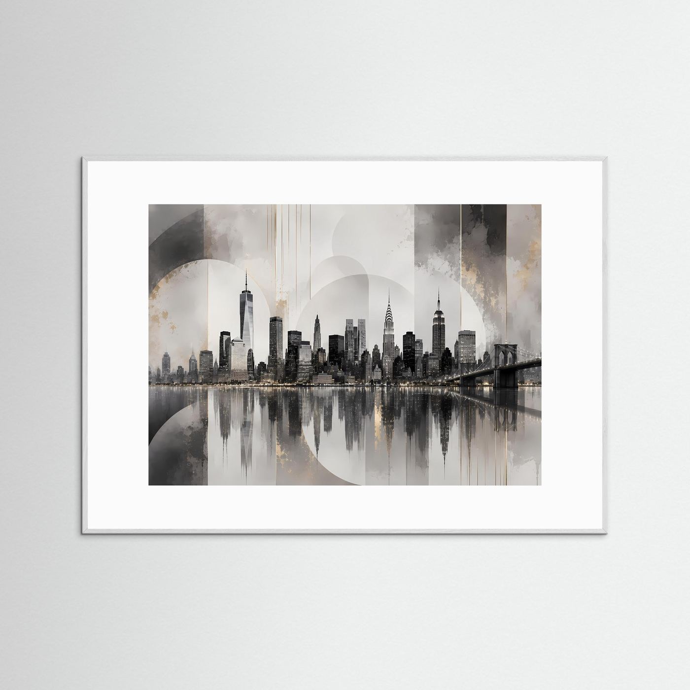 Poster im Querformat mit weißem Rahmen und weißem Passepartout, Skyline in Grau-Braun