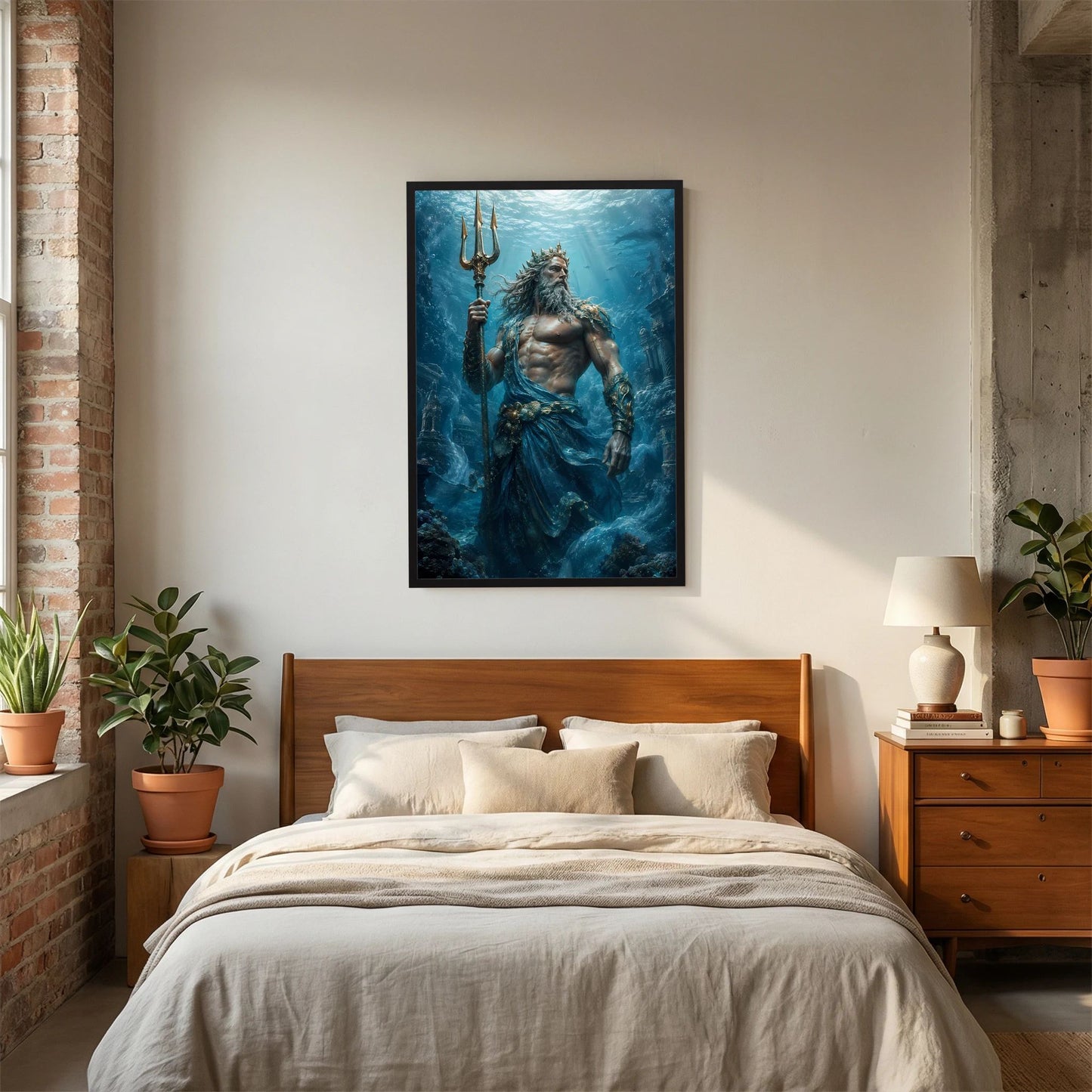 Gerahmtes Hochformat-Poster mit Meerkrieger und Dreizack über dem Bett