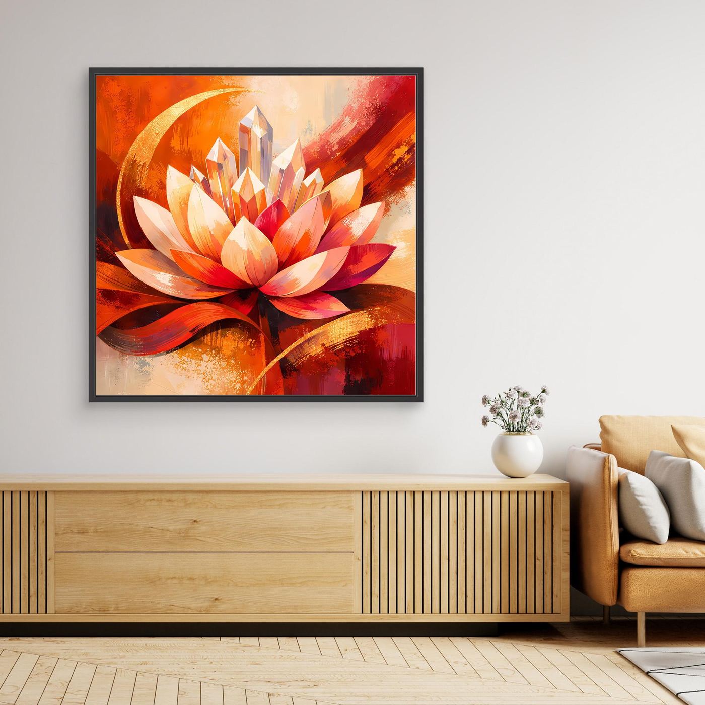 Gerahmtes Leinwandbild mit abstrakter Lotusblüte in Orange, Rot und Weiß im schwarzen Rahmen