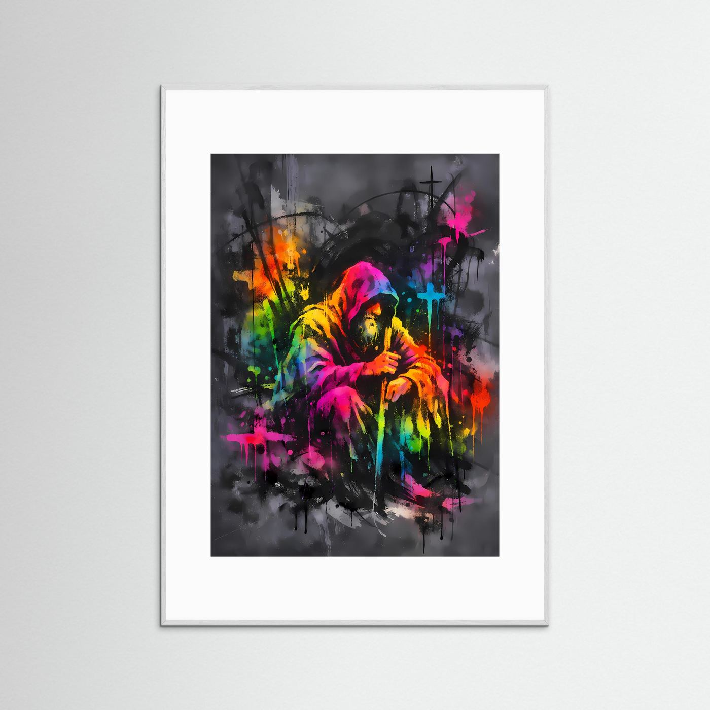 The Neon Hermit | Luxuriöses Mystik Poster Bunt & Dunkel | Abstraktes Magier Kunstposter Hochformat