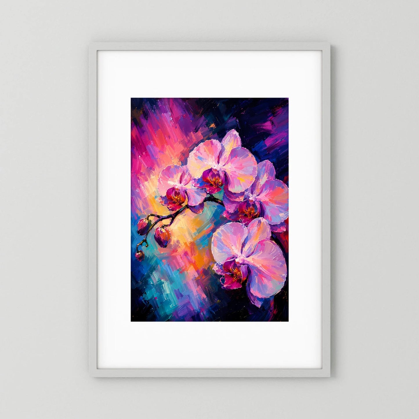Hochformatiges Kunstposter mit abstrakten pinken Orchideenblüten