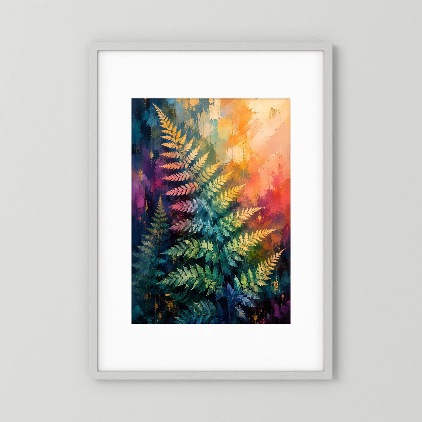 Gerahmtes Hochformat-Farnposter mit abstrakten Farnblättern in Blau, Grün und Goldfarben