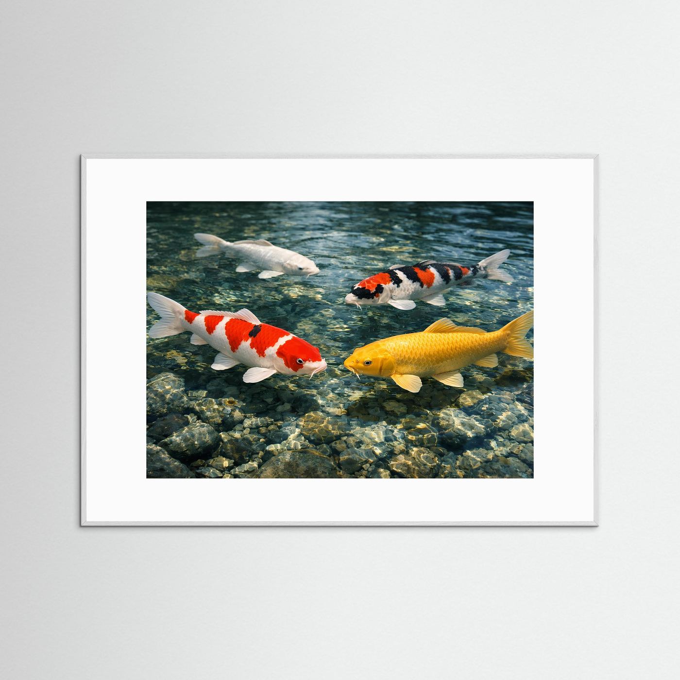 Poster mit Koi-Karpfen im glasklaren Teich, weiß eingefasst, dunkel gerahmt