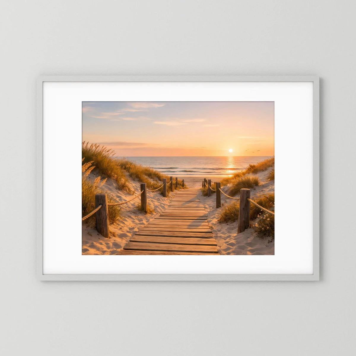 Querformat-Wandbild: Strandweg durch Dünen im Sonnenuntergang, weißer Rahmen