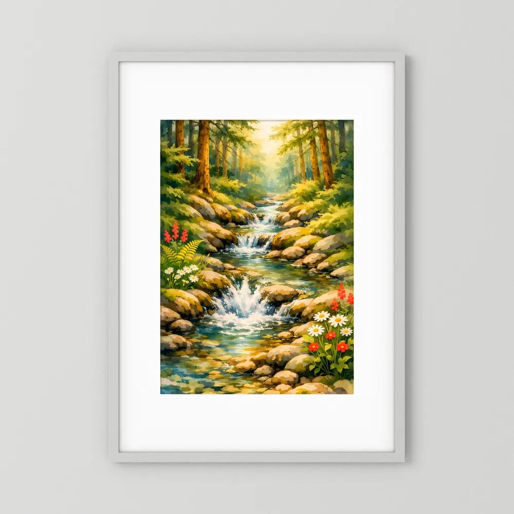 Wasserfall-Wandposter mit Bach im Wald und Blumen, im weißen Rahmen