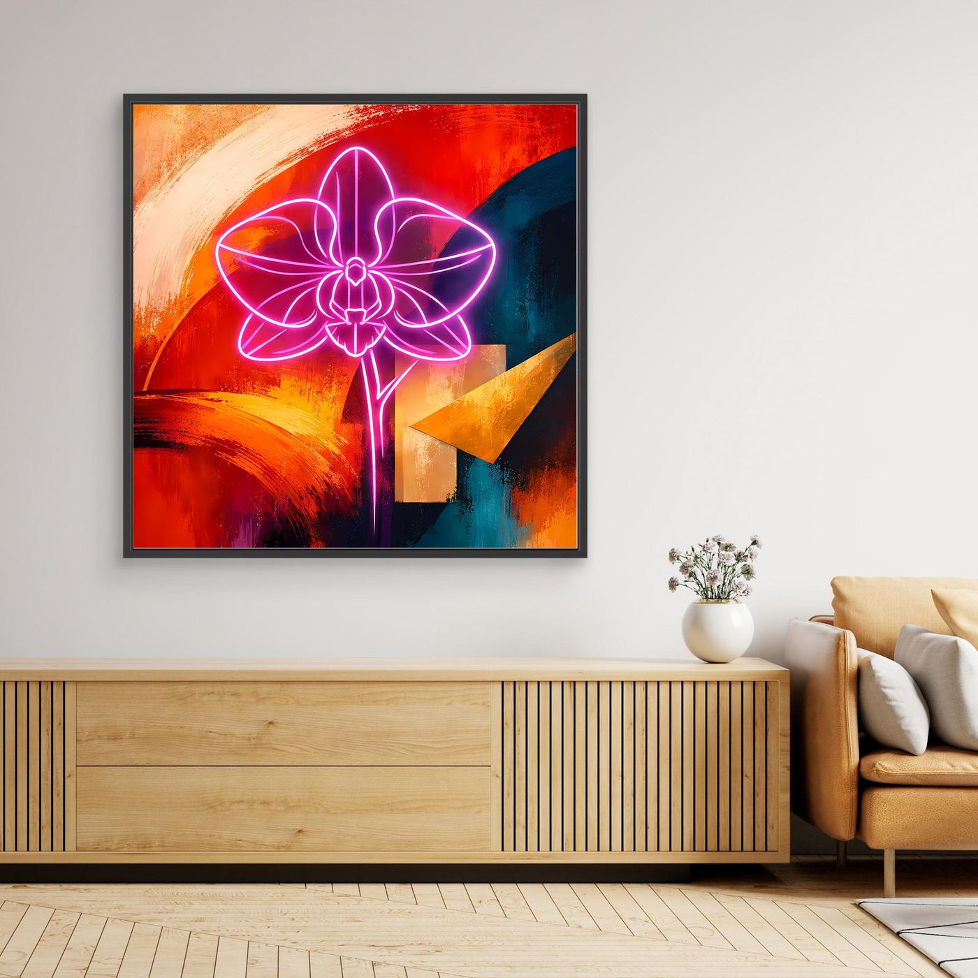 Leinwandbild leuchtende Orchidee mit Neon-Umrissen, abstrakte Pinselstriche, schwarzer Rahmen