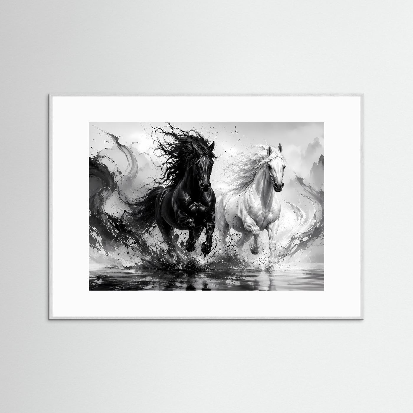 Schwarz Weiß Pferde Poster | Yin Yang Pferde Wandbild | Galoppierende Schwarze und Weiße Pferde | Moderne Abstrakte Pferdekunst