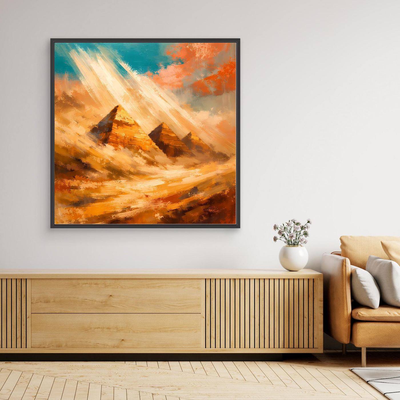 Abstraktes Leinwand-Wandbild mit Pyramiden, orangebraune Wüste, Sonnenstrahlen, schwarzer Rahmen