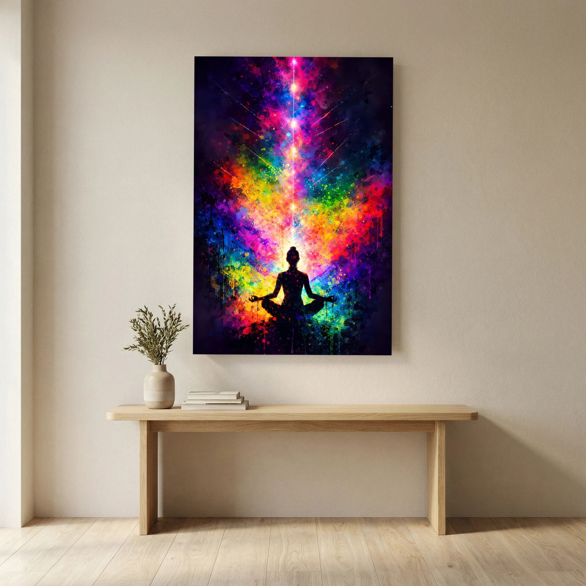 Hochformat-Poster mit Meditationsfigur und bunten leuchtenden Lichtstrahlen